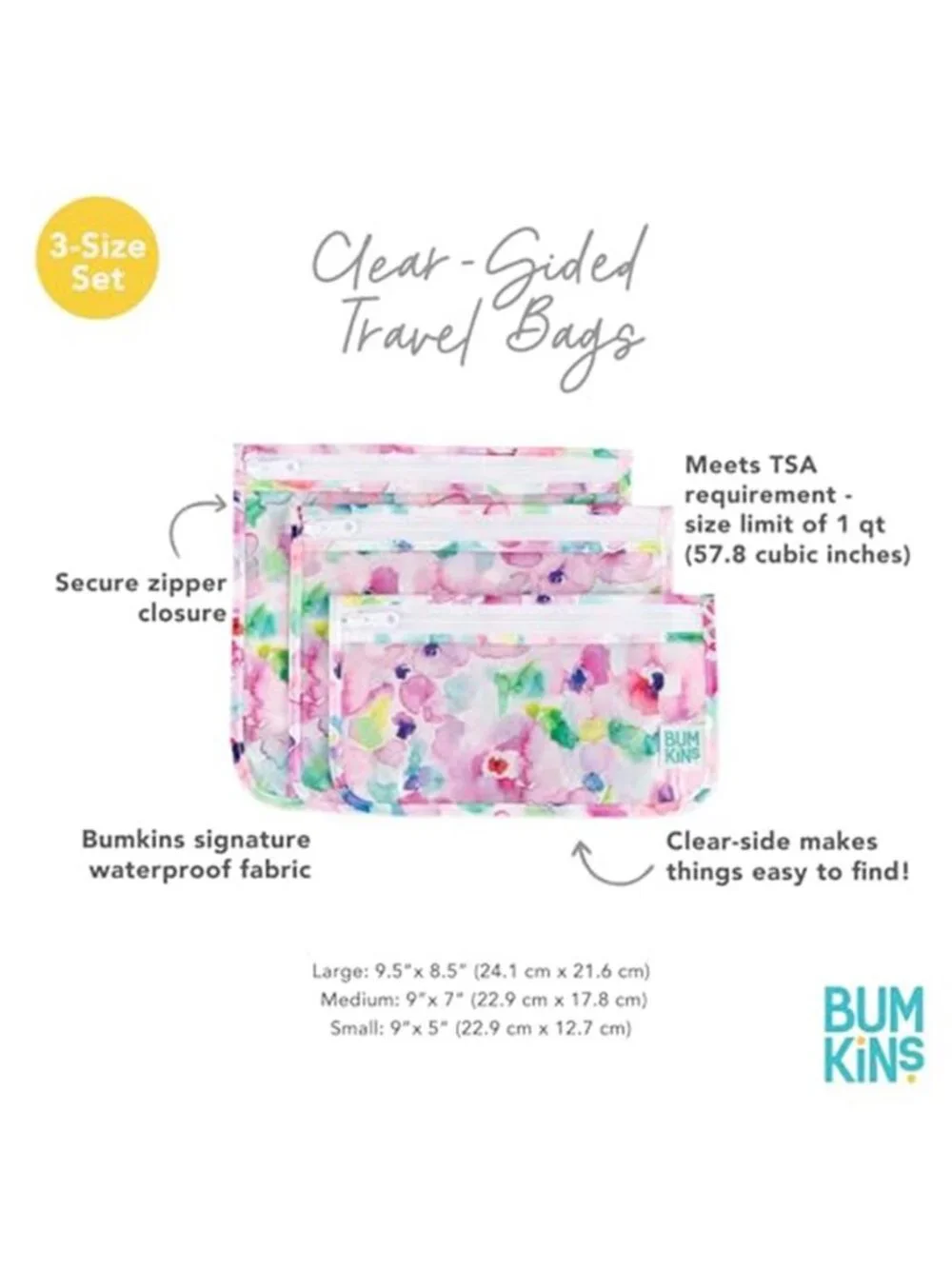 TSA Approved Clear Toiletry Travel Bags Set of 3 Quart Size Zip Pouch Floral Kit
